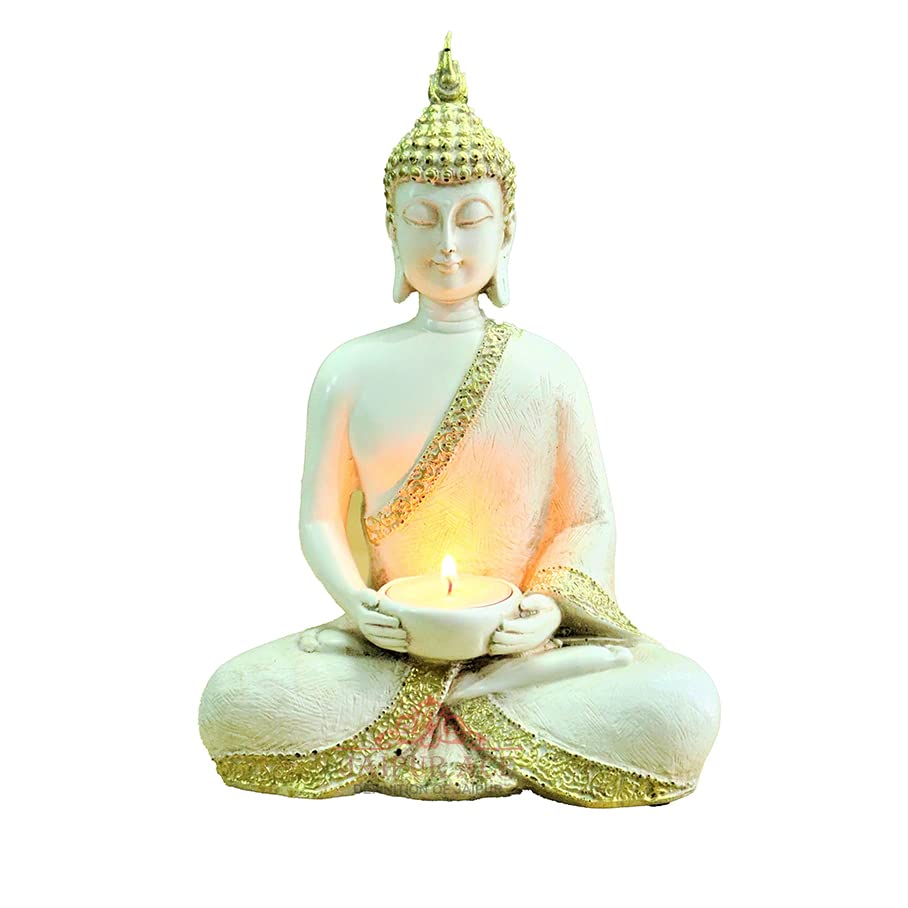 Buddha Sitting with Tea Light in Hand Polyresin Idol - Perfect for Living Room, Bedroom and Office Space Home Decor Staircase Wall Decoration Gifting (Buddha with Tea Light)