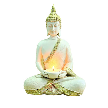 Buddha Sitting with Tea Light in Hand Polyresin Idol - Perfect for Living Room, Bedroom and Office Space Home Decor Staircase Wall Decoration Gifting (Buddha with Tea Light)