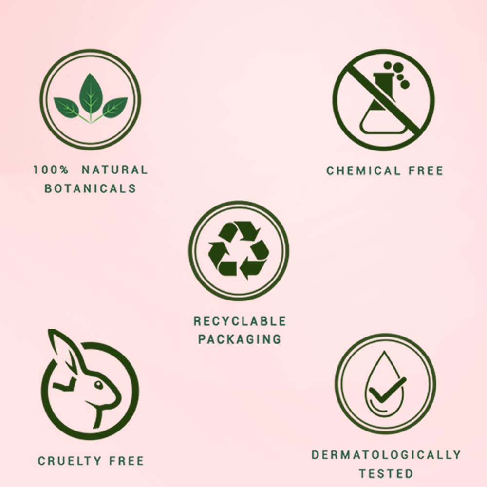 Set of green icons and text on a pink background, representing natural botanicals, chemical free, recyclable packaging, cruelty free, and dermatologically tested.