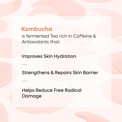 Text about kombucha's benefits for skin on a pink background