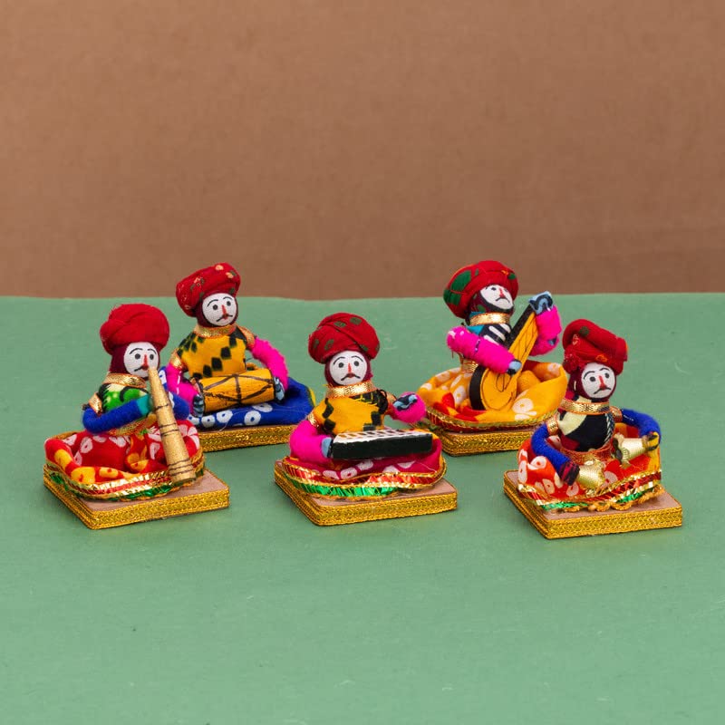 JH Gallery Recycled Material Rajasthani Musician Bawla Puppets Idol (7x28 cm Multicolor) -5 Piece (Male Puppets)