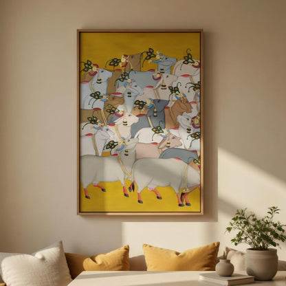 Pichwai Cow Wall Painting with Wooden Frame | Traditional Krishna Cow Artwork HD UV Laminated MDF Wall Decor | Spiritual Indian Pichwai Art for Living Room Temple Decor