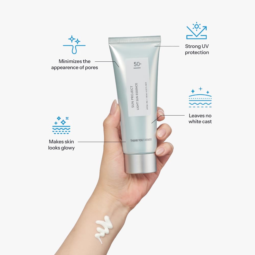 THANKYOU FARMER Sun Project Light Sun Essence SPF50+ PA+++ (120 ML) Korean Sunscreen Essence, Hydrating, Lightweight, No White Cast, UV Protection, Soothes & Moisturises for All Skin Types