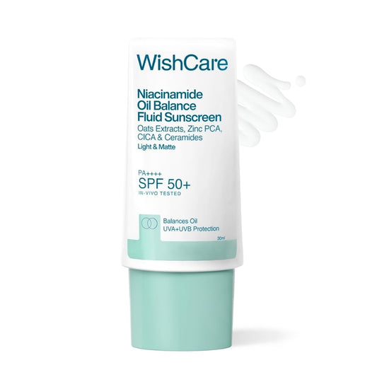 WishCare Niacinamide Oil Balance Fluid Sunscreen SPF 50 PA++++ In-Vivo Tested | 8Hrs+ SPF Protection | Lightweight, Matte & No White Cast | Sunscreen SPF 50 For Oily Skin, Sensitive, Dry & Combination Skin | For Women & Men | 30ml