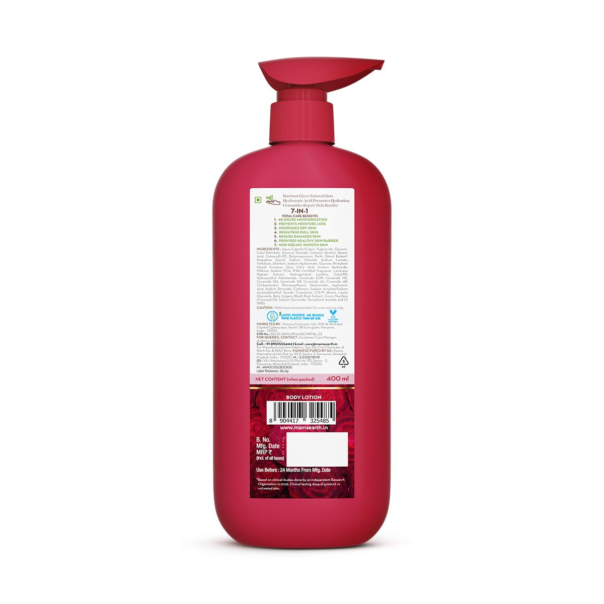 Mamaearth Beetroot Hydraful Body Lotion with Beetroot & Hyaluronic Acid & for Natural Pink Glow - 400 ml Beetroot + Hyaluronic Acid for Deep Hydration | 48 hrs* Moisturization & Barrier Repair | Alcohol & Petrolatum free | Made Safe Approved