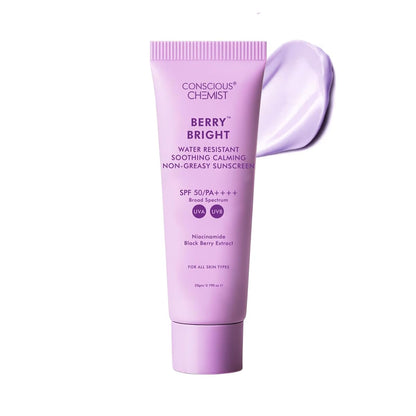 Purple sunscreen tube labeled 'Conscious Chemist Berry Bright' on a white background