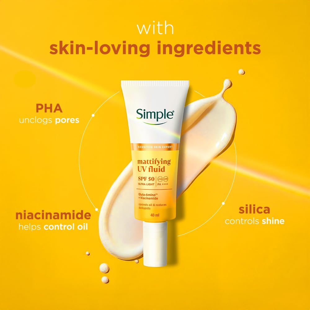 Simple brand UV fluid bottle with ingredients listed on a yellow background