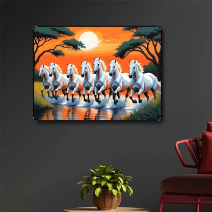 7 Running White Horses Wall Art – Black Frame Sunset Landscape Painting for Home & Office – Vastu-Inspired MDF Board Décor for Positive Energy & Success – 11 x 14 Inch K-36028