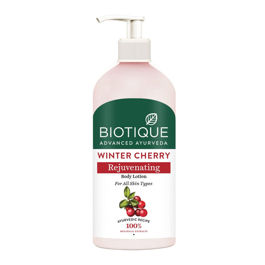 Biotique Winter Cherry Rejuvenating Body Lotion bottle on a white background