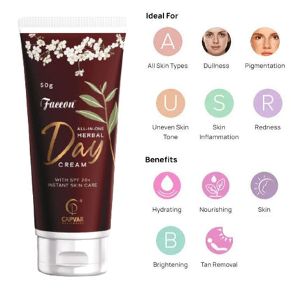 Faceon All In One Herbal Day Cream 50gm With SPF 20+ Instant Skin Care | Paraben and Sulphate Free | Normal, Oily, Dry and Combination Skin l