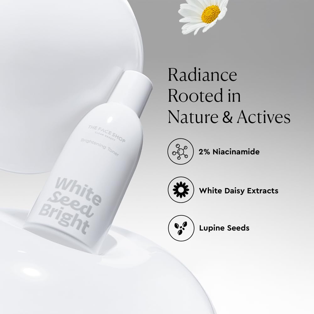 White skincare bottle labeled 'White Seed Bright' with text about ingredients on a light gray background.