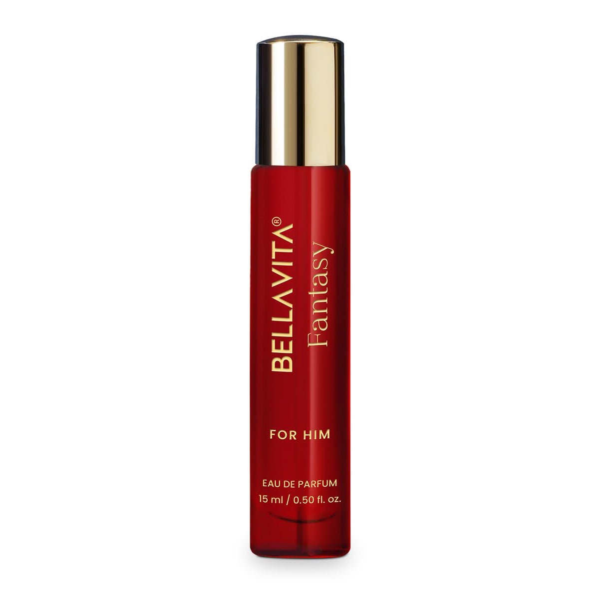Red Bellavita Fantasy for Him perfume bottle on a white background