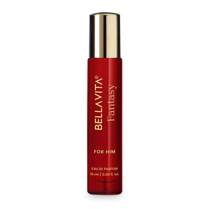 Red Bellavita Fantasy for Him perfume bottle on a white background