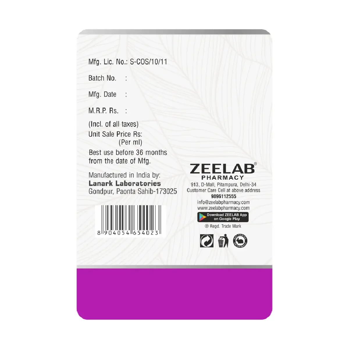 Back label of a product from Zeelab Pharmacy with text and branding.