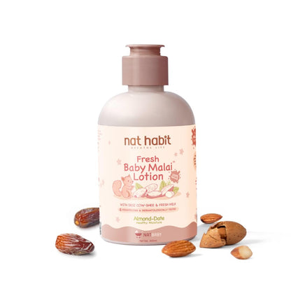 Nat Habit Baby Malai Lotion |Almond & Date| Baby Body Lotion & Moisturizer for Deep Nourishment & Skin Barrier Protection | 100% Natural, Chemical-Free Baby Cream | 200ml
