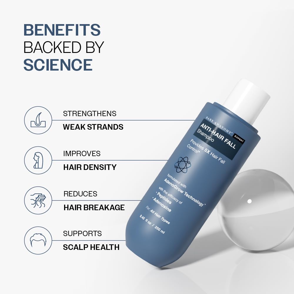 Bare Anatomy Anti Hair Fall Shampoo | 5x Hair Fall Control & Growth|Contains Biotin Adenosine, & Peptides | Rosemary, Rice Water, Hyaluronic Acid | For All Hair Types | For Women & Men | 250ml