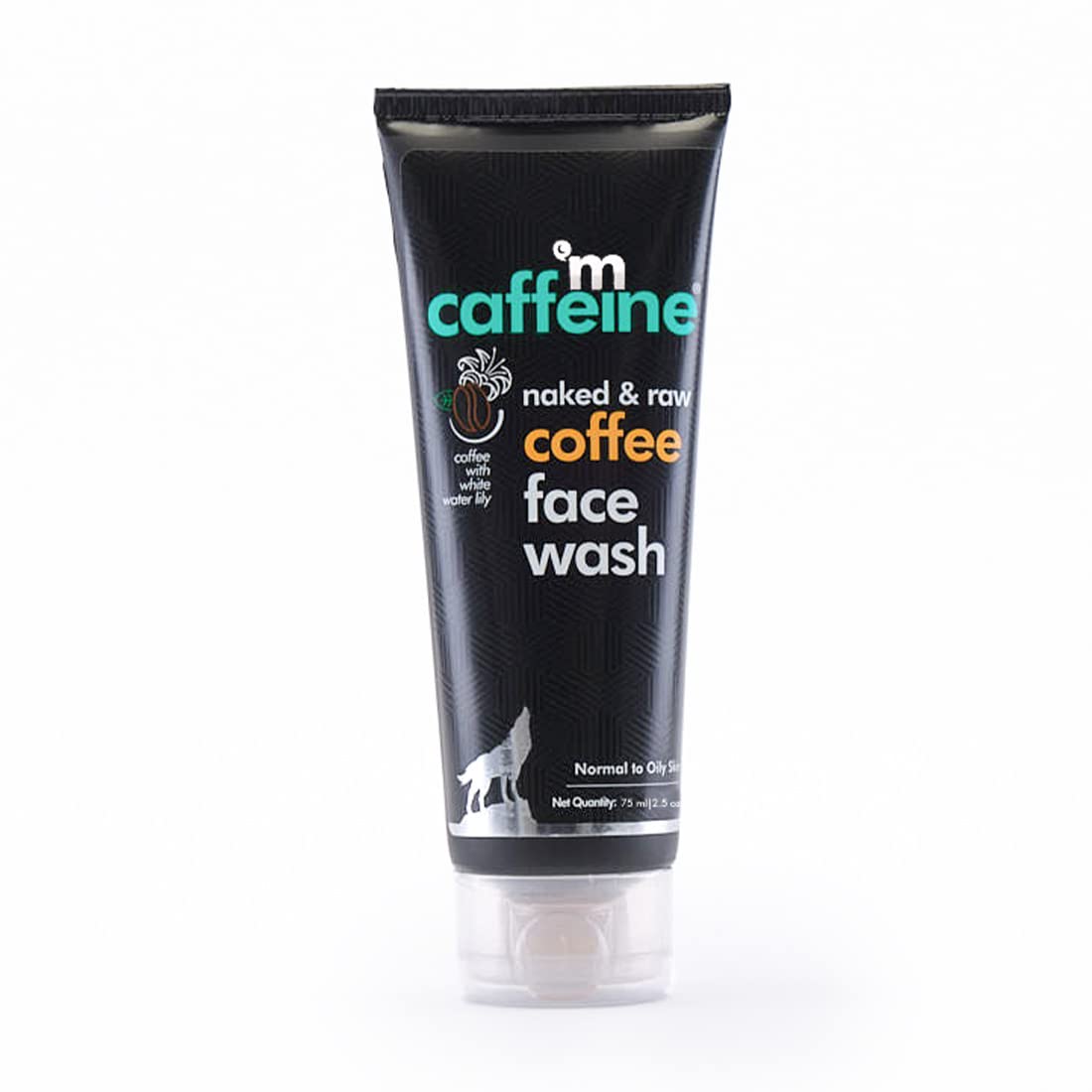 Tube of caffeine-free coffee face wash on a white background