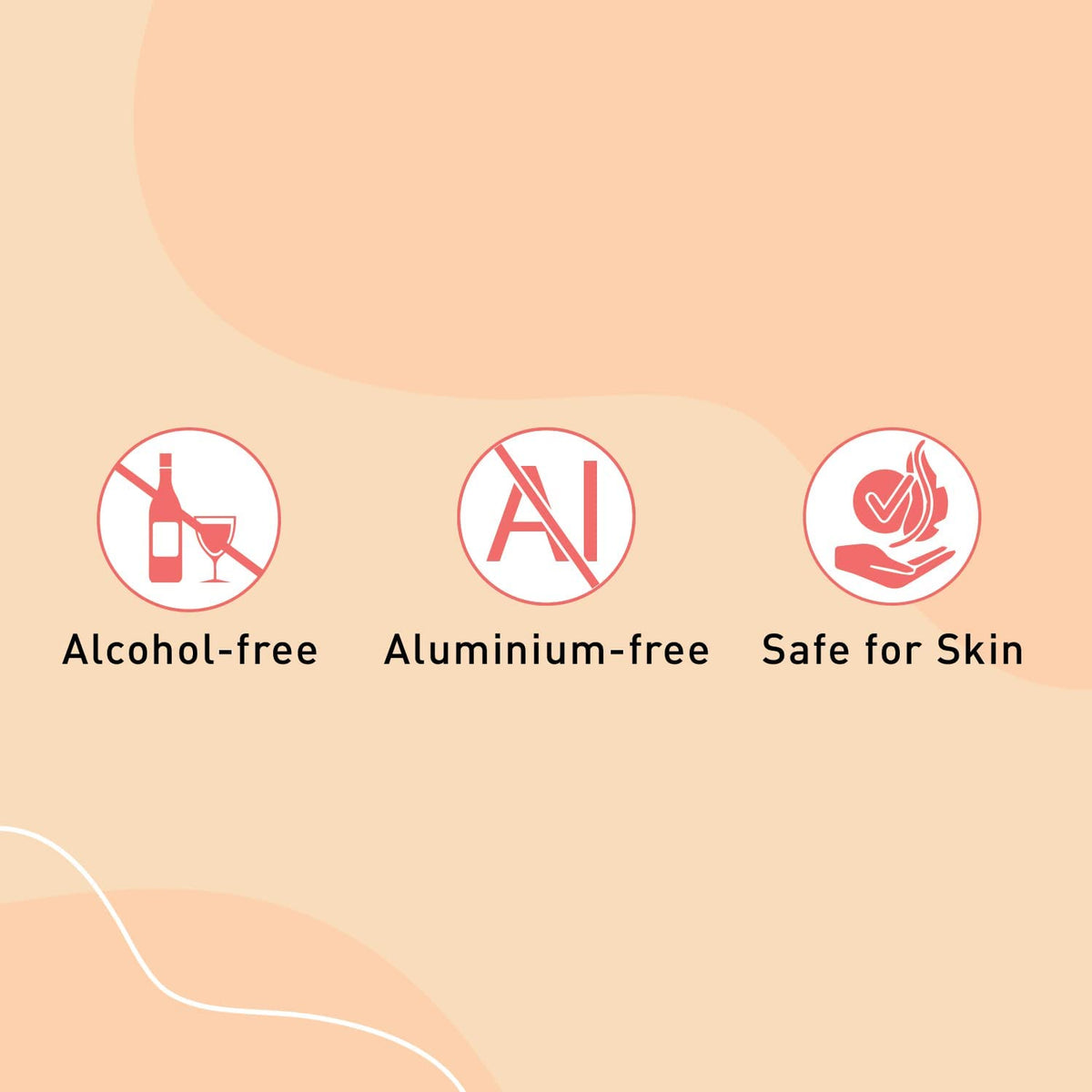 Three icons indicating alcohol-free, aluminium-free, and safe for skin on a beige background.