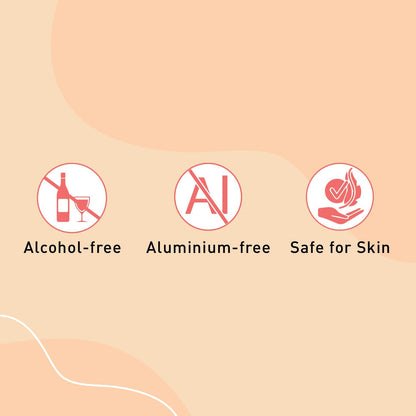 Three icons indicating alcohol-free, aluminium-free, and safe for skin on a beige background.