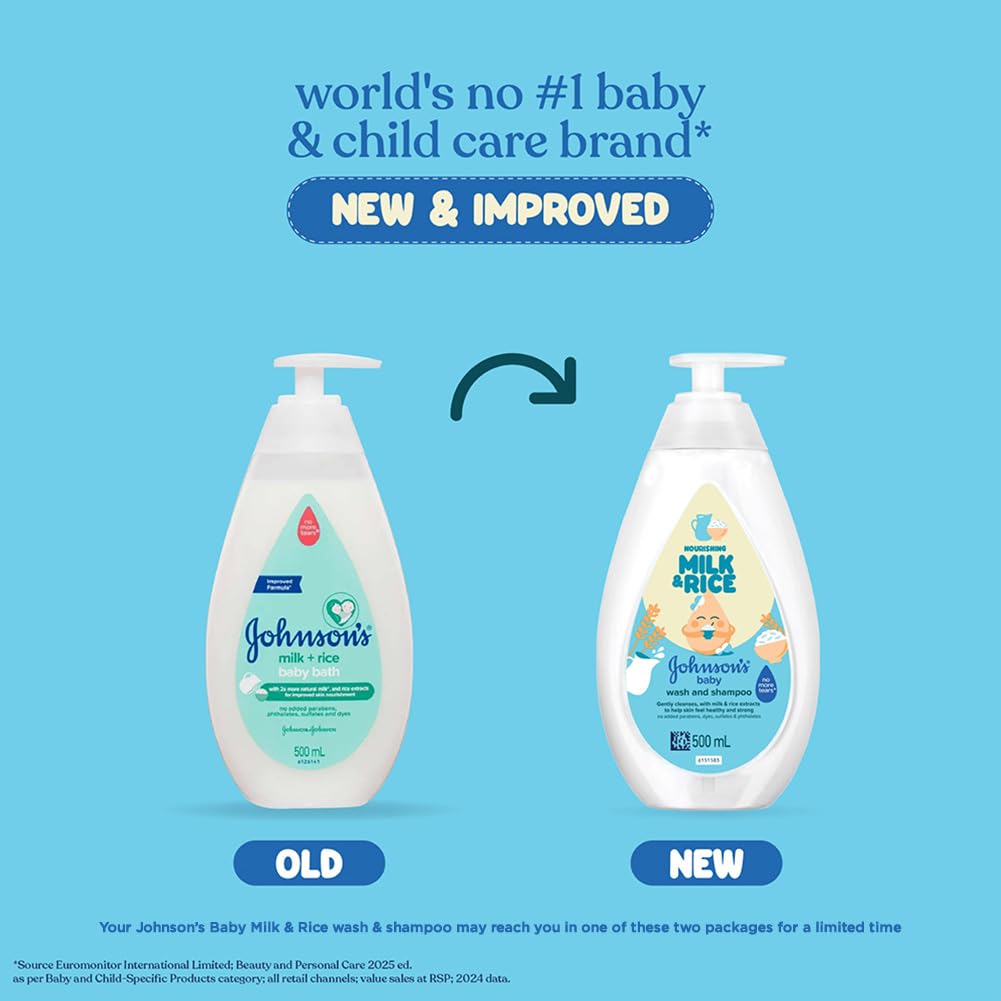 Johnson's Baby Nourishing Milk & Rice Wash & Shampoo 500ml | 2-in-1 Baby Cleanser | No More Tears | Milk Protein & Rice Extracts | Hypoallergenic | pH Balanced | Paraben, Dye, Sulphate & Phthalate Free | For Newborns & Sensitive Skin