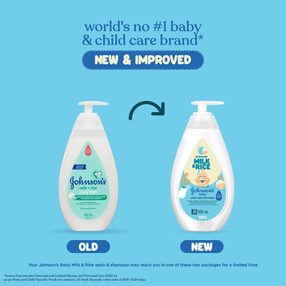 Johnson's Baby Nourishing Milk & Rice Wash & Shampoo 500ml | 2-in-1 Baby Cleanser | No More Tears | Milk Protein & Rice Extracts | Hypoallergenic | pH Balanced | Paraben, Dye, Sulphate & Phthalate Free | For Newborns & Sensitive Skin
