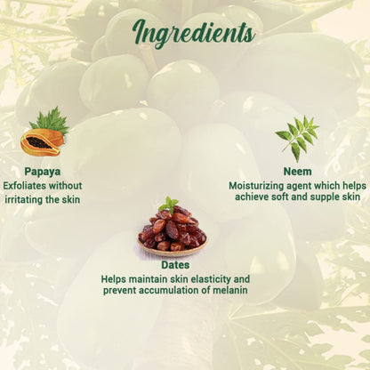 Ingredients of a skincare product with papaya, neem, and dates displayed on a white background.
