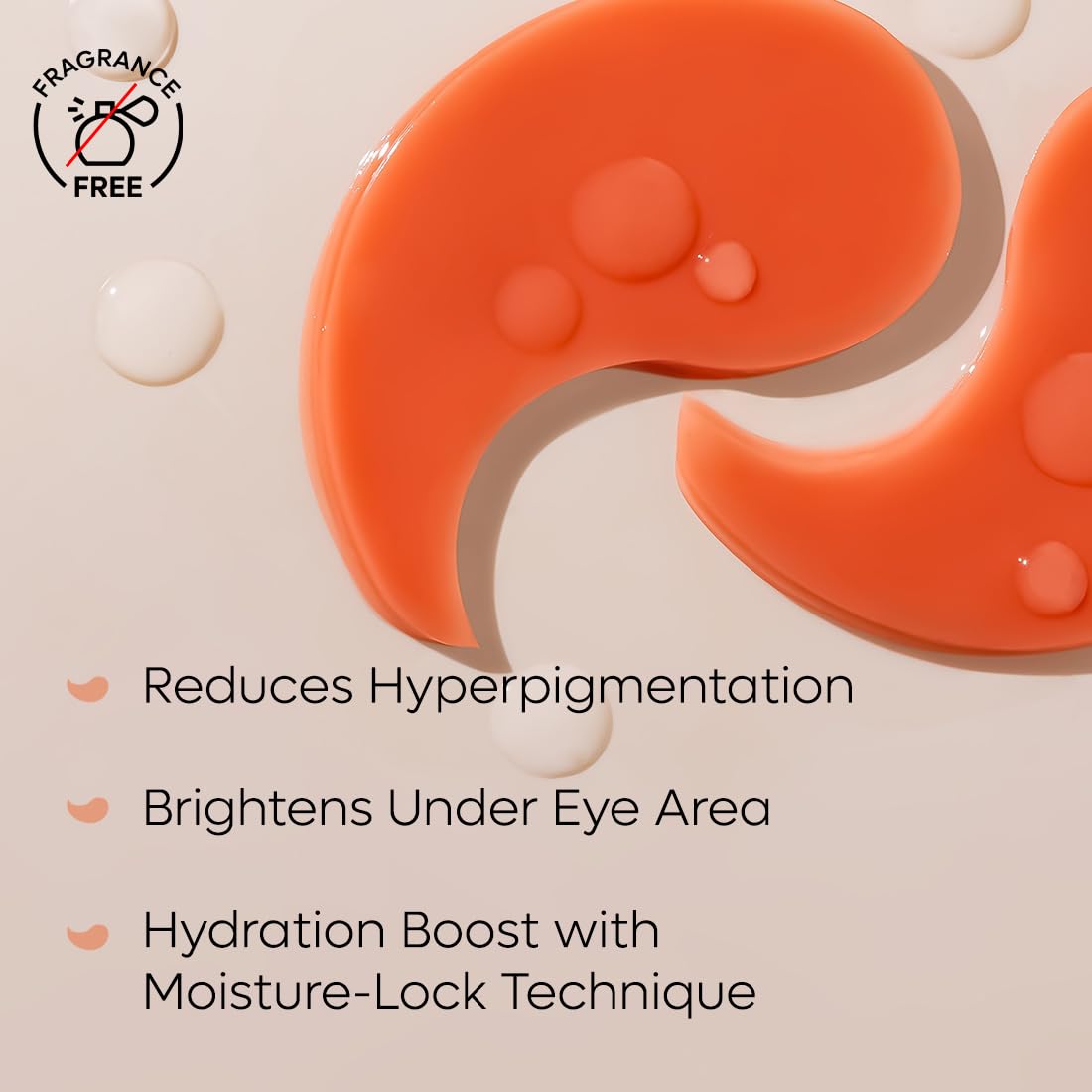 Orange cosmetic product with text highlighting its benefits on a beige background