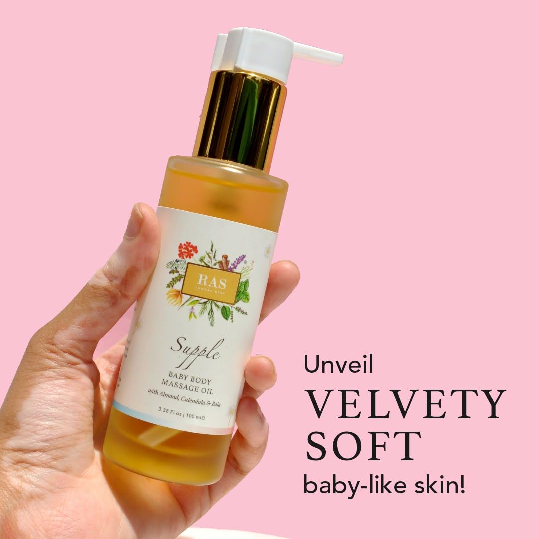 Ras Luxury Oils Supple Baby Body Massage Oil with Calendula & Almond Extract for Soft, Smooth & Strengthen Skin | Non-Sticky, Light weight & Gentle On Baby’s Skin, 100ml
