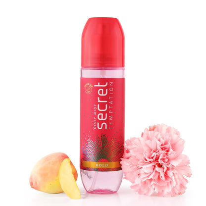 Secret Temptation body mist bottle with a peach and pink flower on a white background
