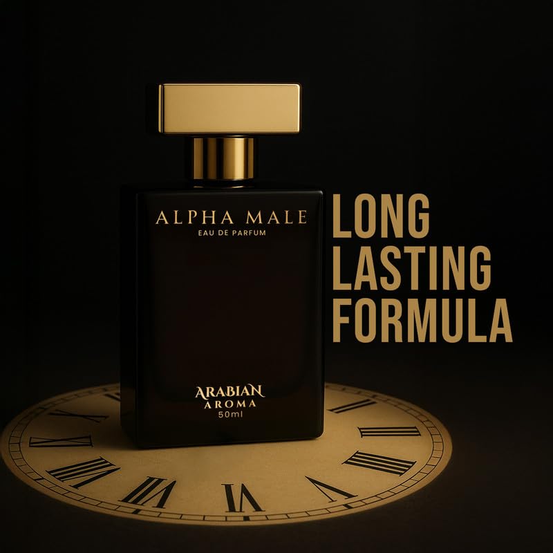 Black perfume bottle labeled 'Alpha Male' by Arabian Aroma on a dark background with 'Long Lasting Formula' text.