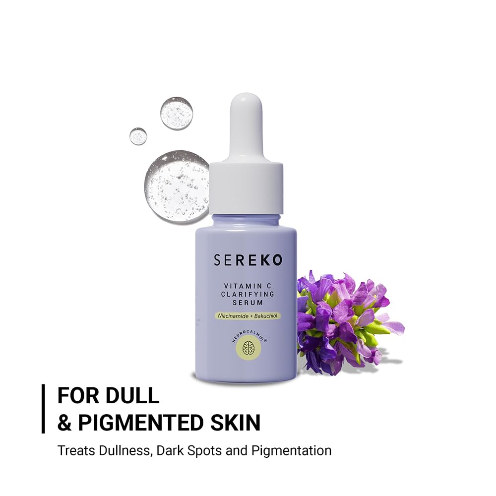 Sereko Vitamin C Clarifying Serum bottle with lavender flowers on a white background