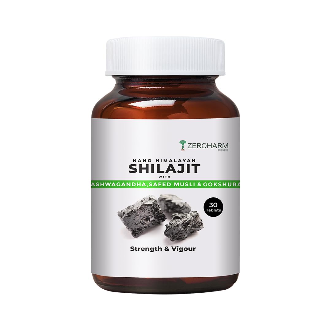 ZEROHARM Nano Himalayan Shilajit With Ashwagandha, Safed Musli & Goksura | Boosts Fitness, Stamina | Improves Energy, Performance & Helps Manage Stress | For Men and Women | 30 Shilajit Tablets