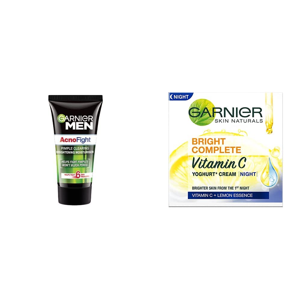 Garnier Men Acno Fight Pimple Clearing Brightening Moisturizer, 45g & Garnier Bright Complete VITAMIN C YOGHURT Night Cream, 40g