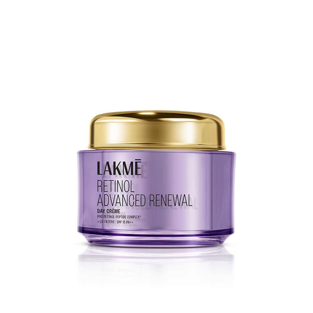 Lakme Retinol Advanced Renewal Day Crème jar with gold lid on a white background