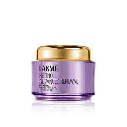 Lakme Retinol Advanced Renewal Day Crème jar with gold lid on a white background