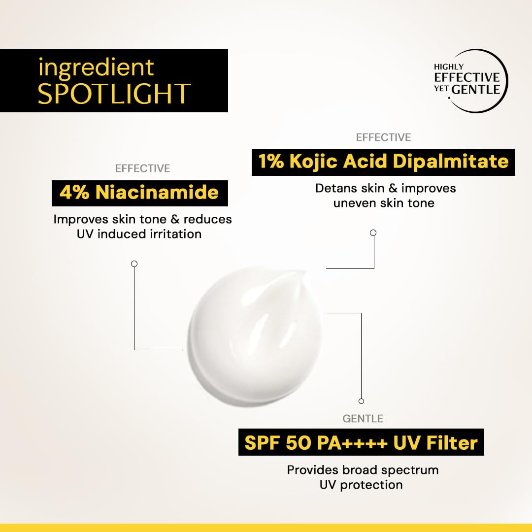 Product ingredient spotlight with Kojic Acid Dipalmitate, Niacinamide, and SPF 50 PA++++ UV Filter on a white background.