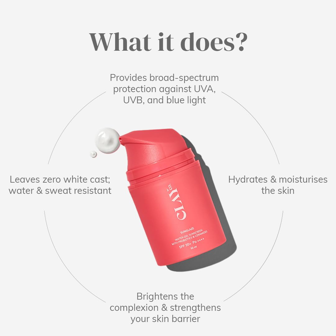 Clayco Sunglaze Sunscreen SPF 50 PA++++ | Probiotic & Ceramide Infused Sun Screen | Lightweight, Non-Greasy | UVA, UVB & Blue Light Protection | Hydrating, Brightening