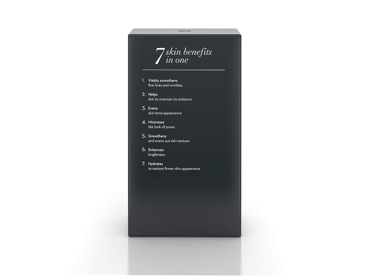 Black box with '7 skin benefits in one' text on a white background