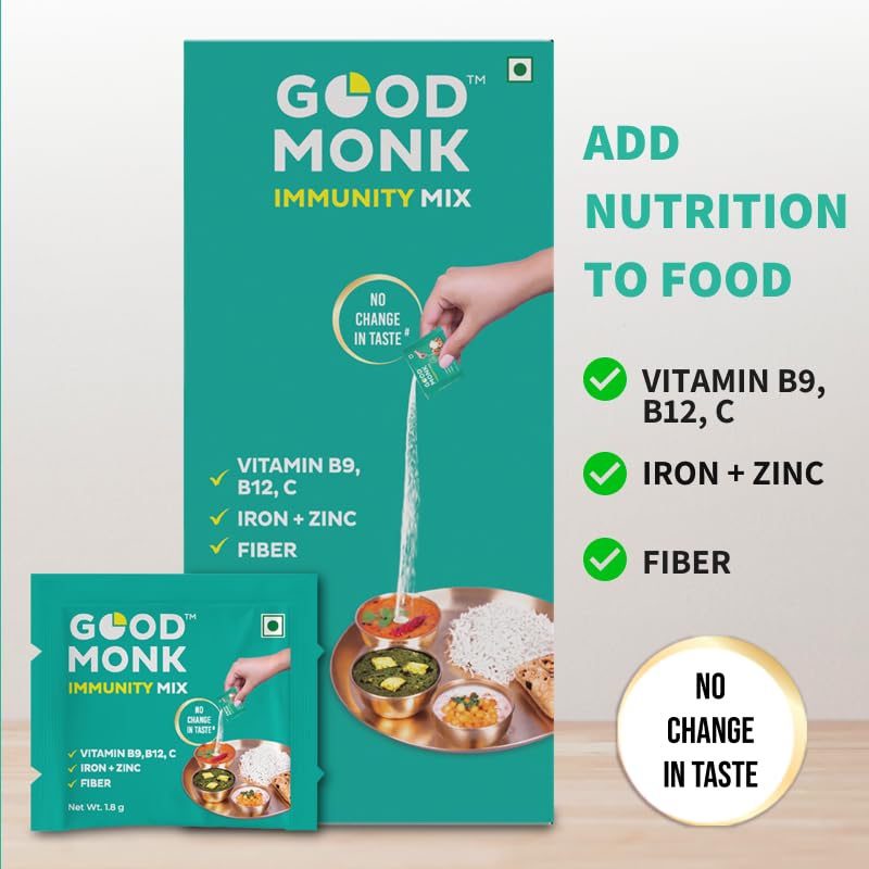 Good Monk Immunity Mix | Multivitamin Supplement Powder with Vitamin B12, C, Iron, Zinc, Fiber | Add to Food - No Taste Change | Ultimate Immunity Booster for Men, Women & Kids | 30 sachets