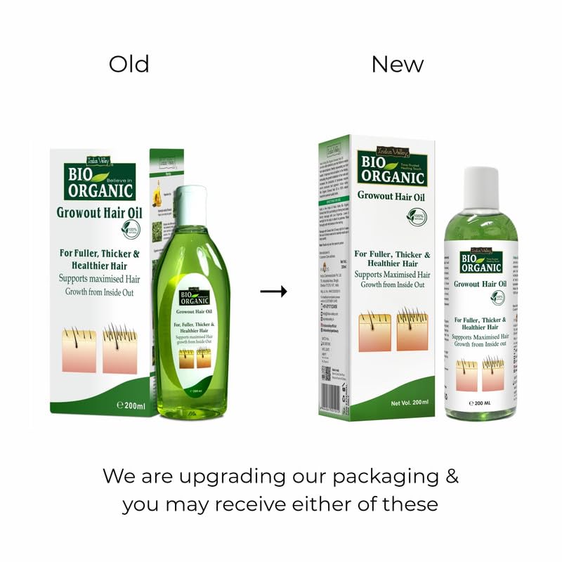 Comparison of old and new packaging for Bio Organic Growout Hair Oil on a white background.