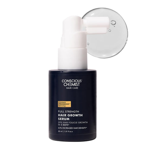 Conscious Chemist hair growth serum bottle with dropper on a white background