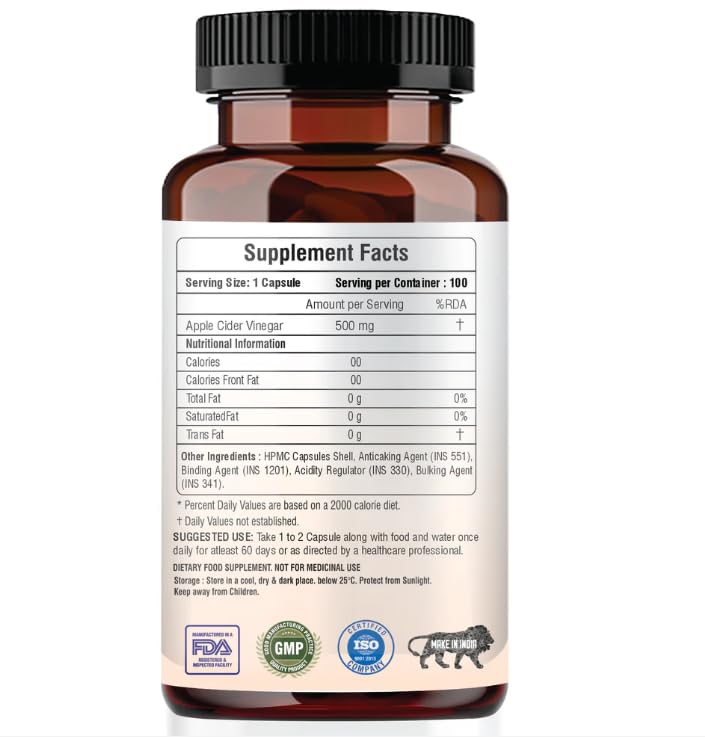 Apple Cider Vinegar 500 mg for Weight Loss management & Gut Health Supplement | Supports Metabolism & Heart Wellness | 100 Veg Capsules