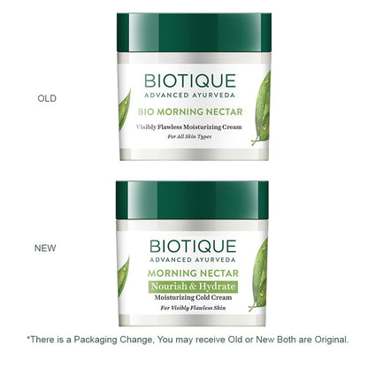 Comparison of Biotique Bio Morning Nectar cream packaging with old and new designs on a white background.
