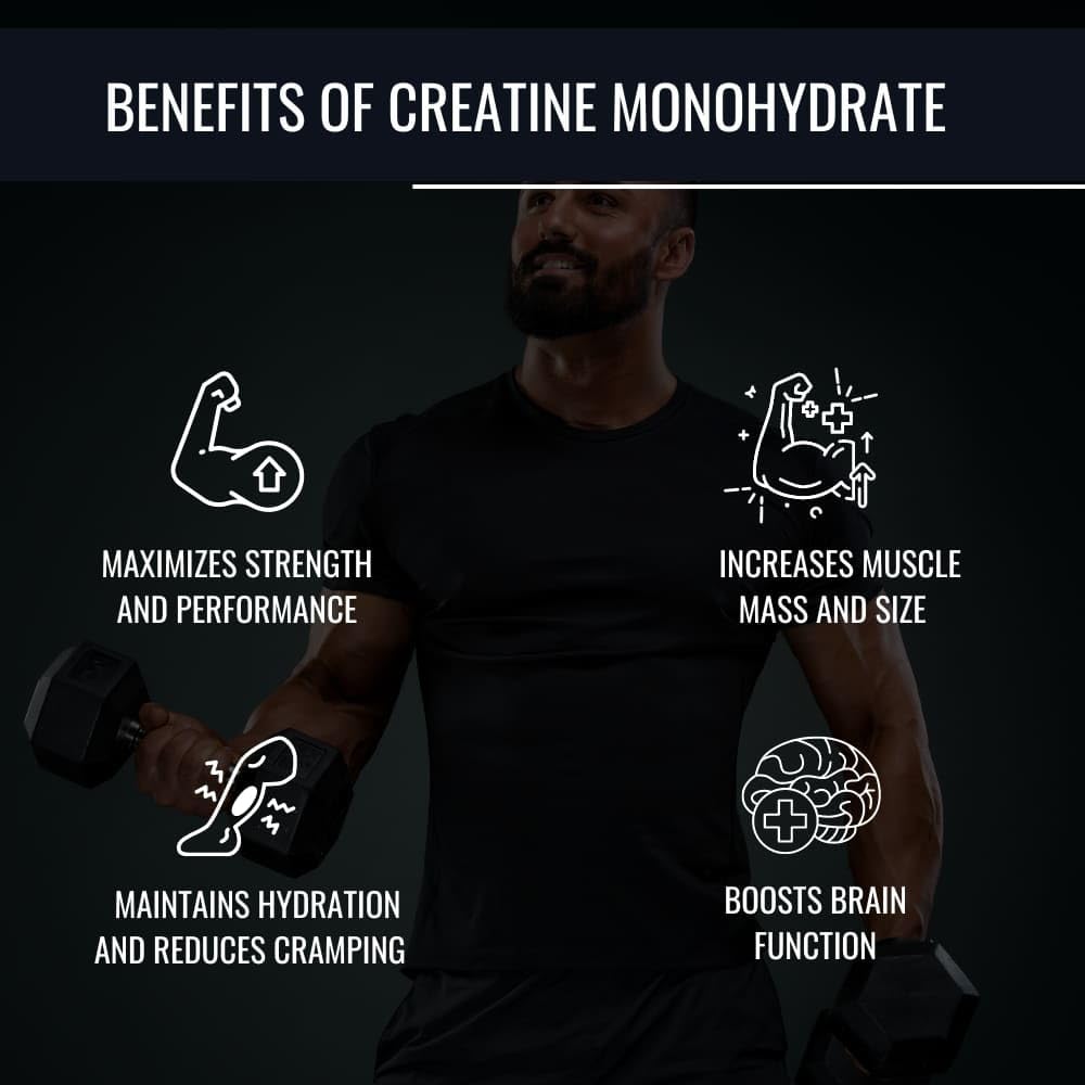 Person lifting weights with text on the benefits of creatine monohydrate on a dark background