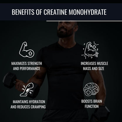 Person lifting weights with text on the benefits of creatine monohydrate on a dark background