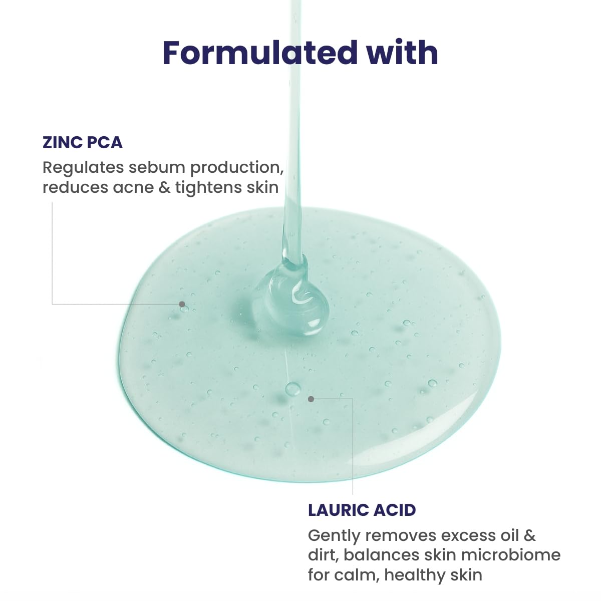 Product droplet with text about zinc PCA and lauric acid on a white background