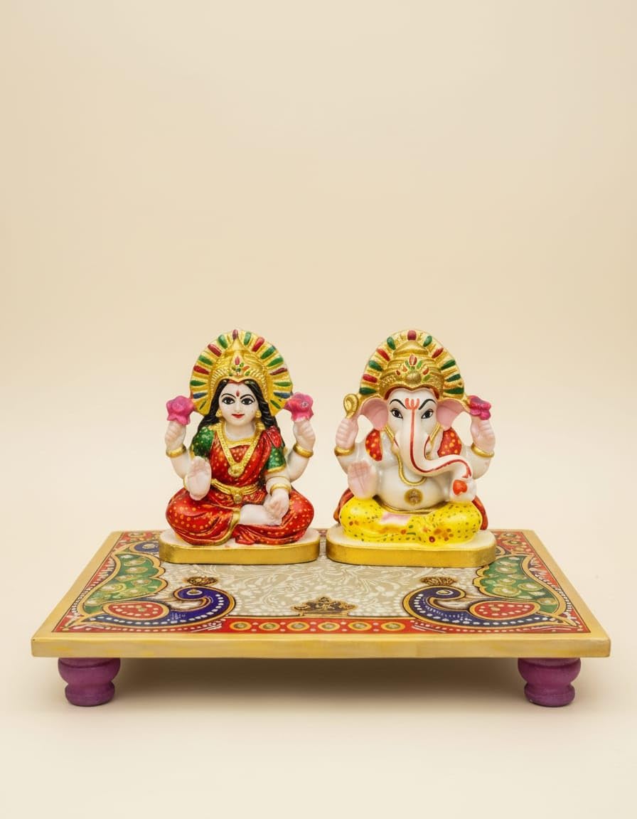 Handcrafted Marble Laxmi Ganesh Idol on Chowki - 6x4 Inch Meenakari Work Lakshmi Ganesha Statue for Diwali Puja, Mandir & Gifting