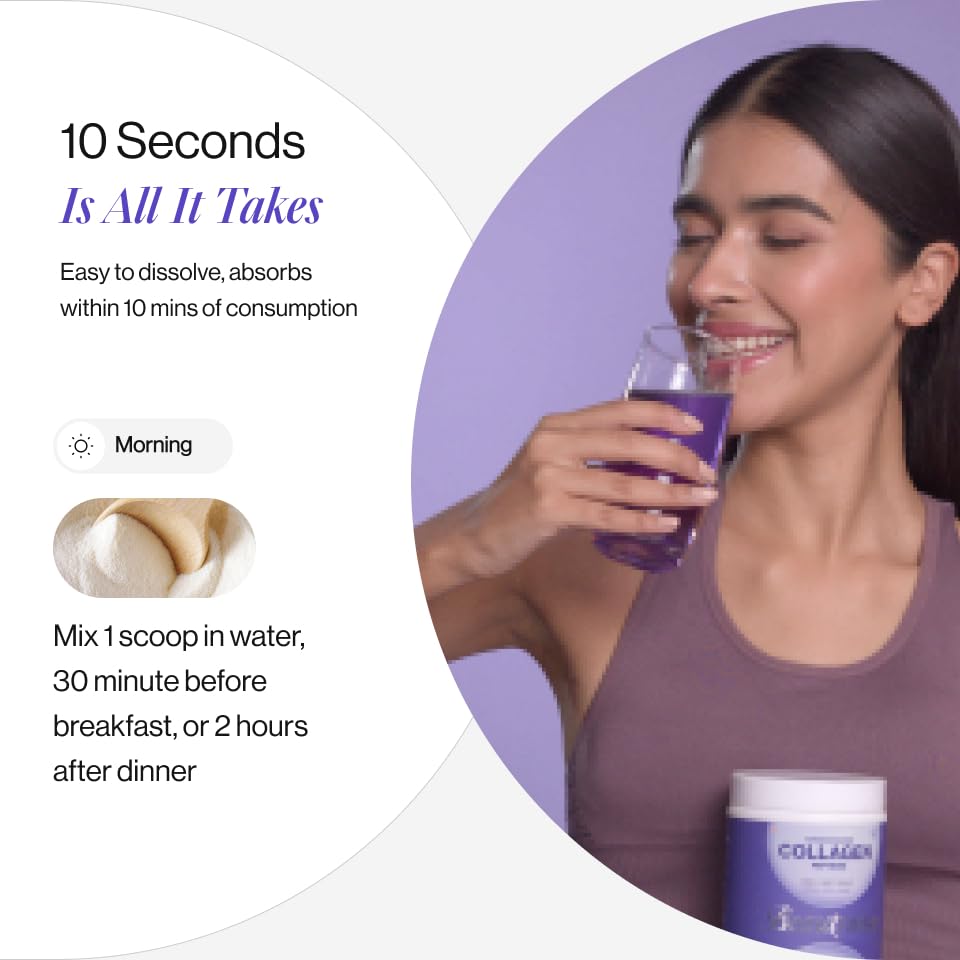 Woman drinking a purple supplement with text about溶解速度和吸收时间