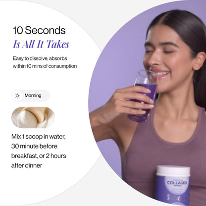 Woman drinking a purple supplement with text about溶解速度和吸收时间