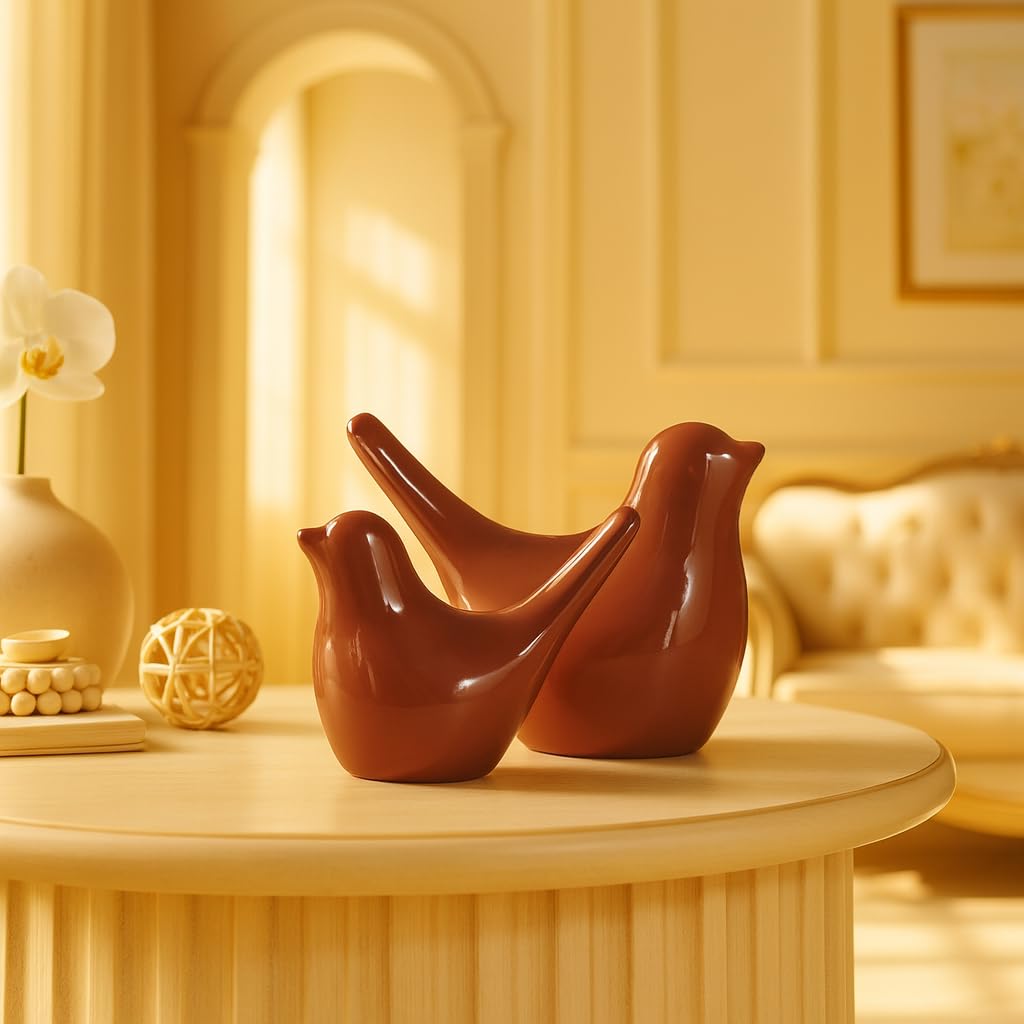 Creative Brown Glossy Ceramic Birds Figurines Home Decorations Accessories Party (Pack of 2, Brown)